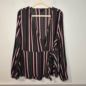 Torrid Pink & Gray Striped Wrap Front Long Sleeve Blouse Size 1X